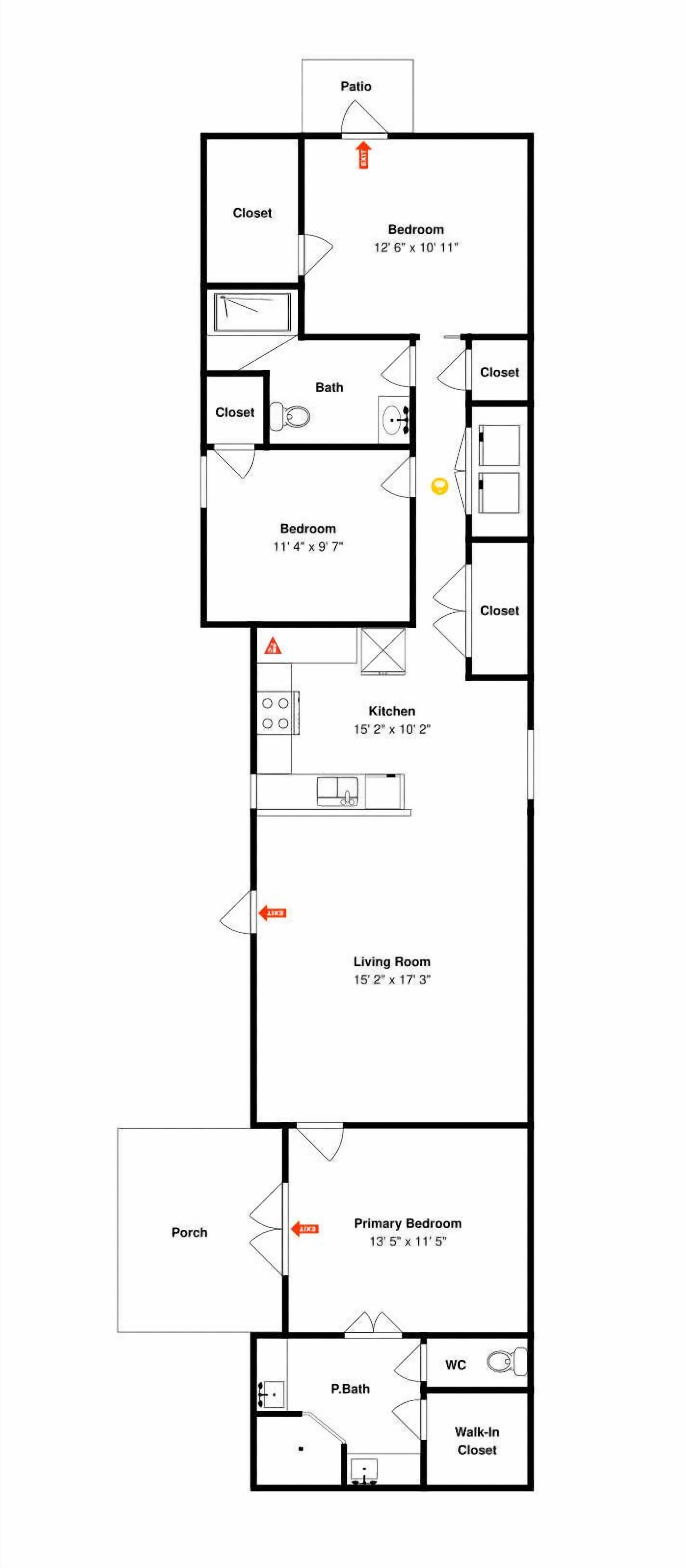 A floor plan with a patio, two bedrooms, a kitchen, a living room, a primary bedroom, a porch, and a walk-in closet.
