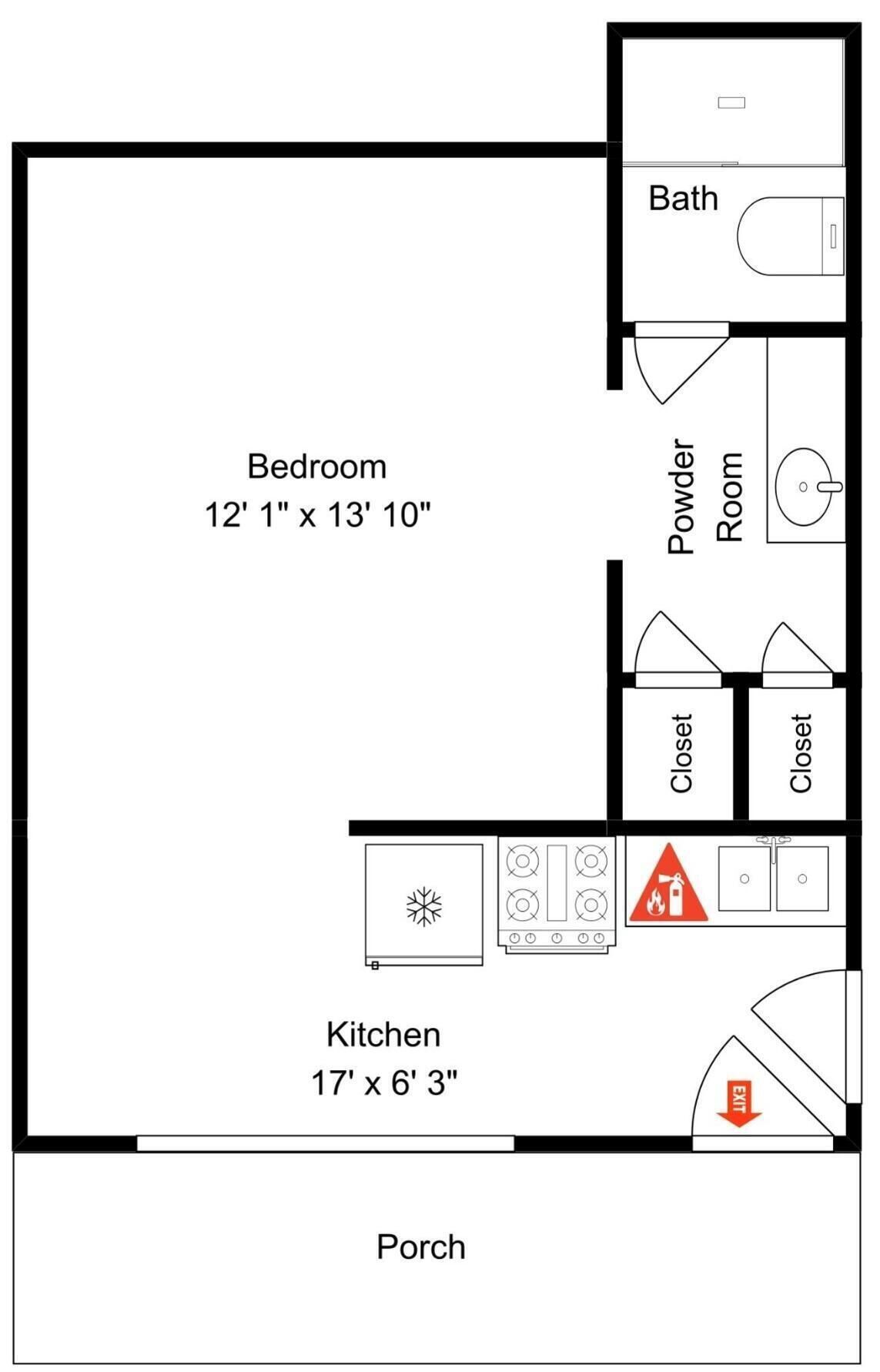 A floor plan with a bedroom measuring 12' 1' x 13' 10', a kitchen measuring 17' x 6' 3', and a bathroom.