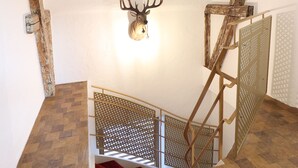 A wooden staircase with a red carpet, a deer head mounted on the wall, and a metal railing. - Das Fischer Boardinghouse KF (Kaufbeuren)