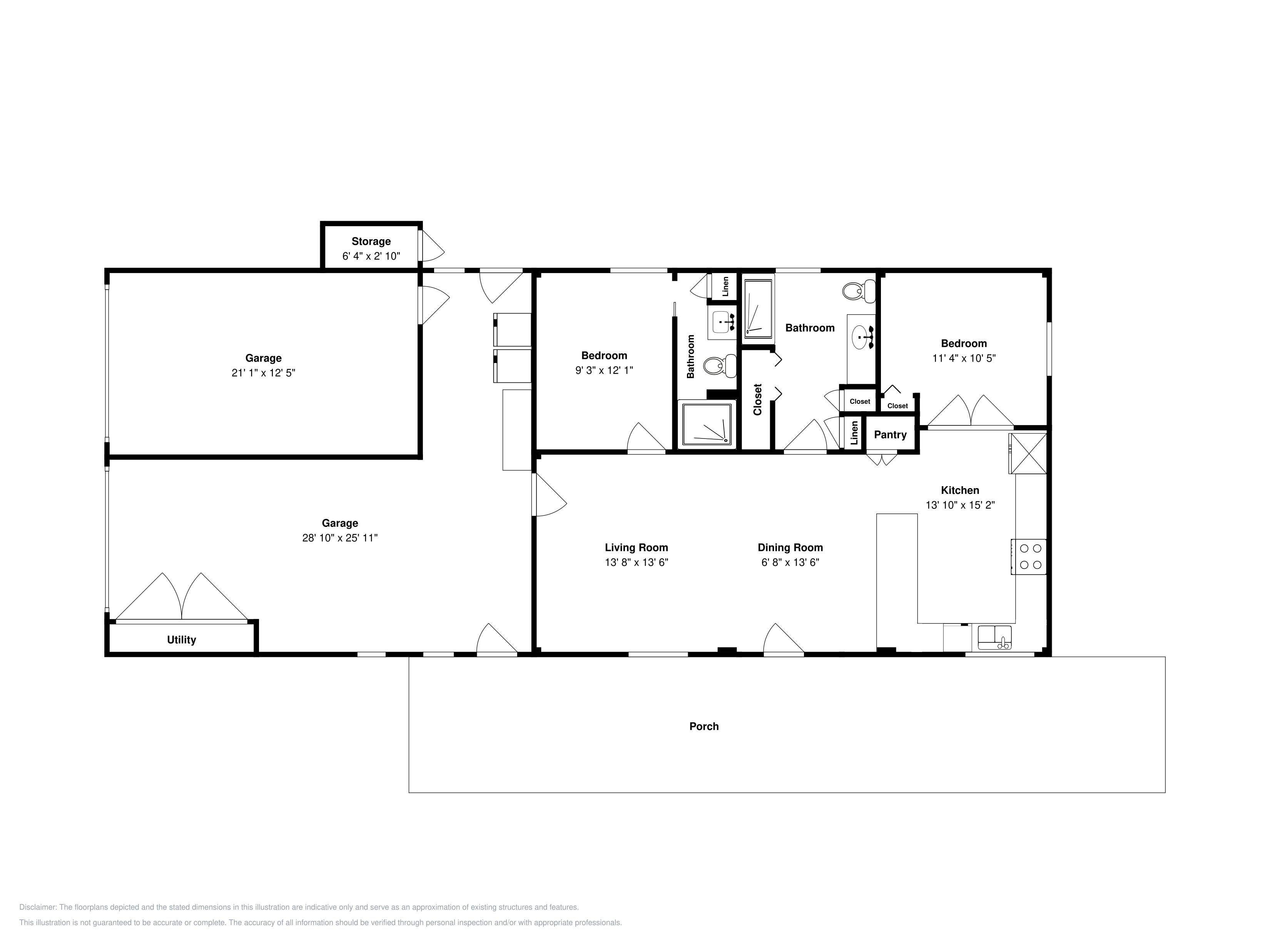 A floor plan with a garage, two bedrooms, a living room, dining room, kitchen, and a utility area.