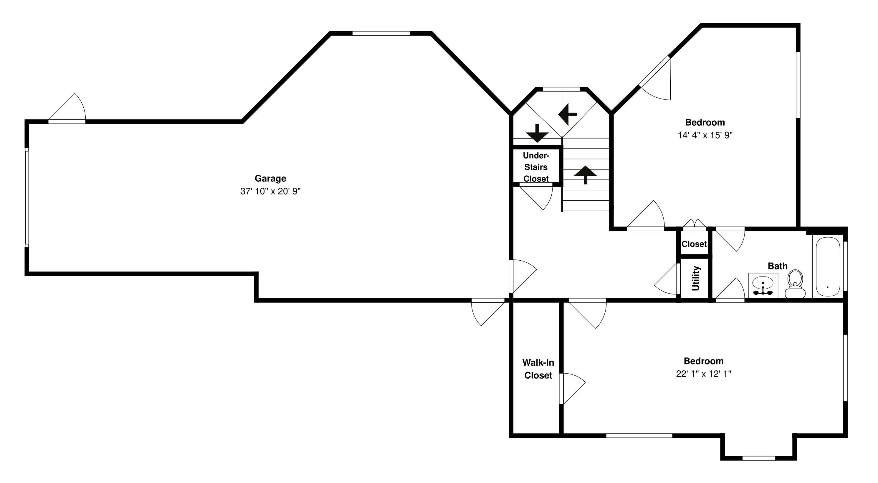 A floor plan with a garage, two bedrooms, a bathroom, a utility room, and a walk-in closet.