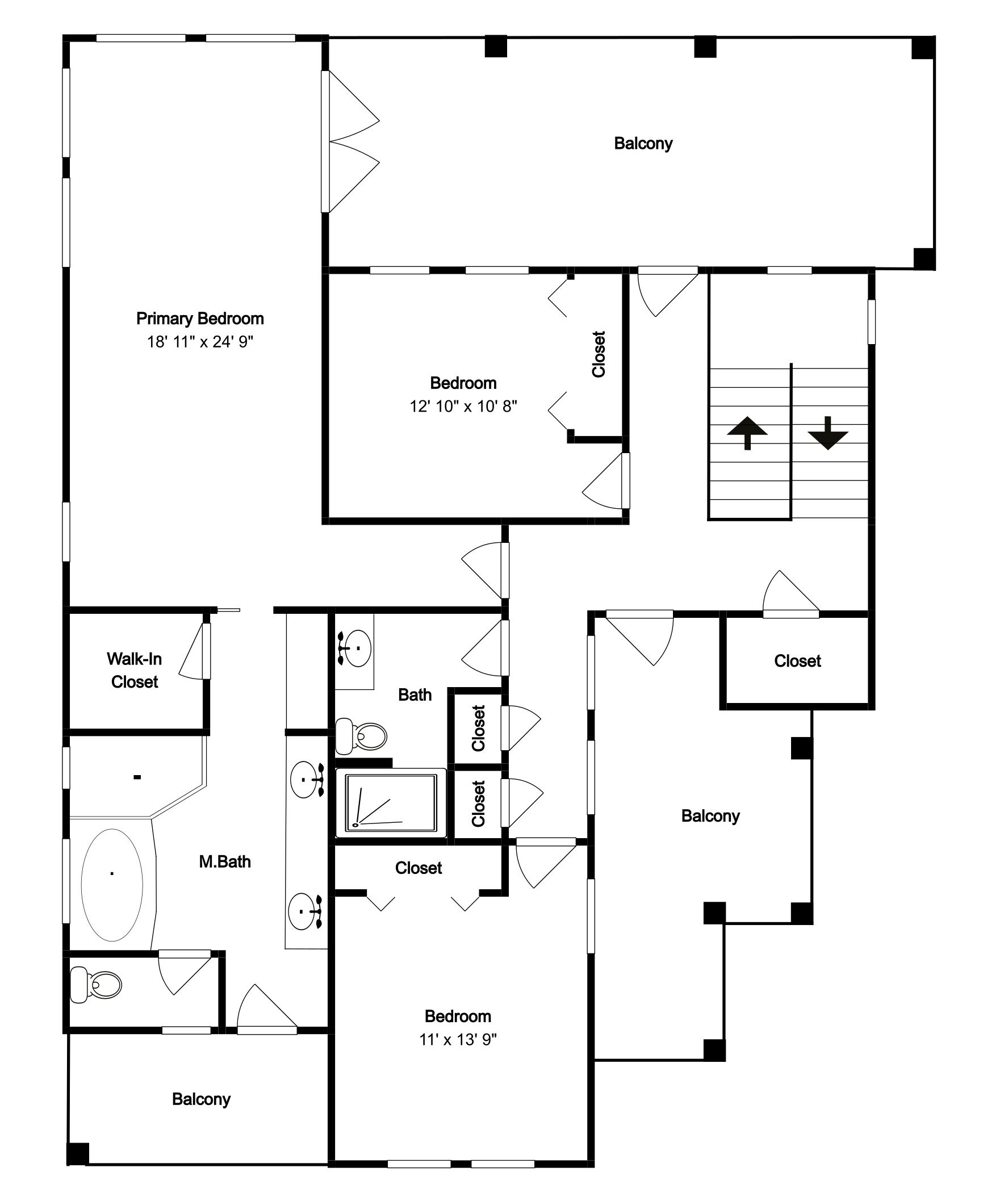 A floor plan with a primary bedroom, a balcony, a walk-in closet, a master bathroom, and a bedroom.