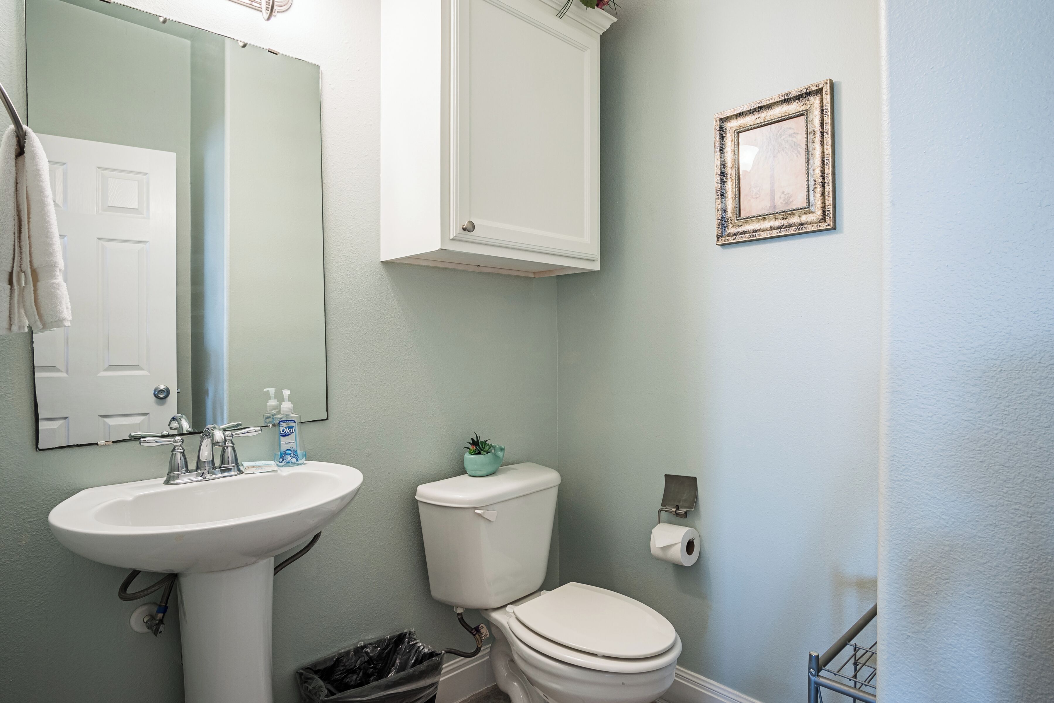 A bathroom with a white sink, toilet, and a mirror. There is a framed picture on the wall and a small plant on the toilet tank.