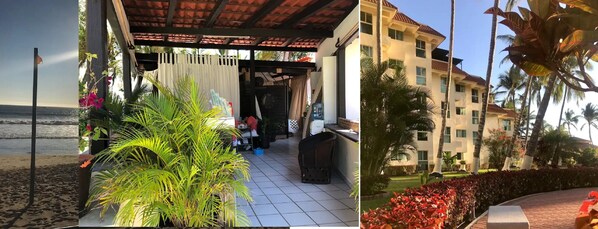 Un hotel frente a la playa con un porche cubierto, una zona de piscina y vistas al océano.
