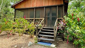 Una cabana de fusta amb un porxo i escales, envoltada de vegetació exuberanta.