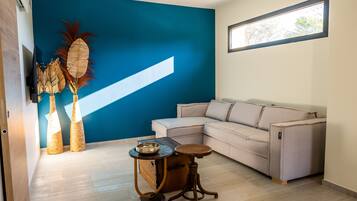 Smart TV, fireplace, books, stereo