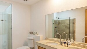 A modern bathroom with a glass shower enclosure, a toilet, a vanity with a large mirror, and a sink.