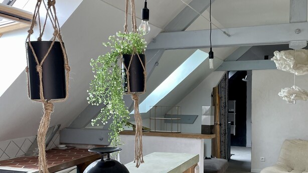 A modern kitchen with a wooden countertop, hanging macrame light fixtures, and a potted plant. - Appartement Type Loft en Pleine Nature (Rumigny)