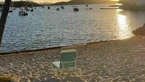 Ein Strand mit Palme, Booten und Sonnenuntergang.