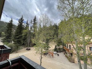 A view of a lodge with a gravel driveway, surrounded by trees and a mountainous backdrop.
