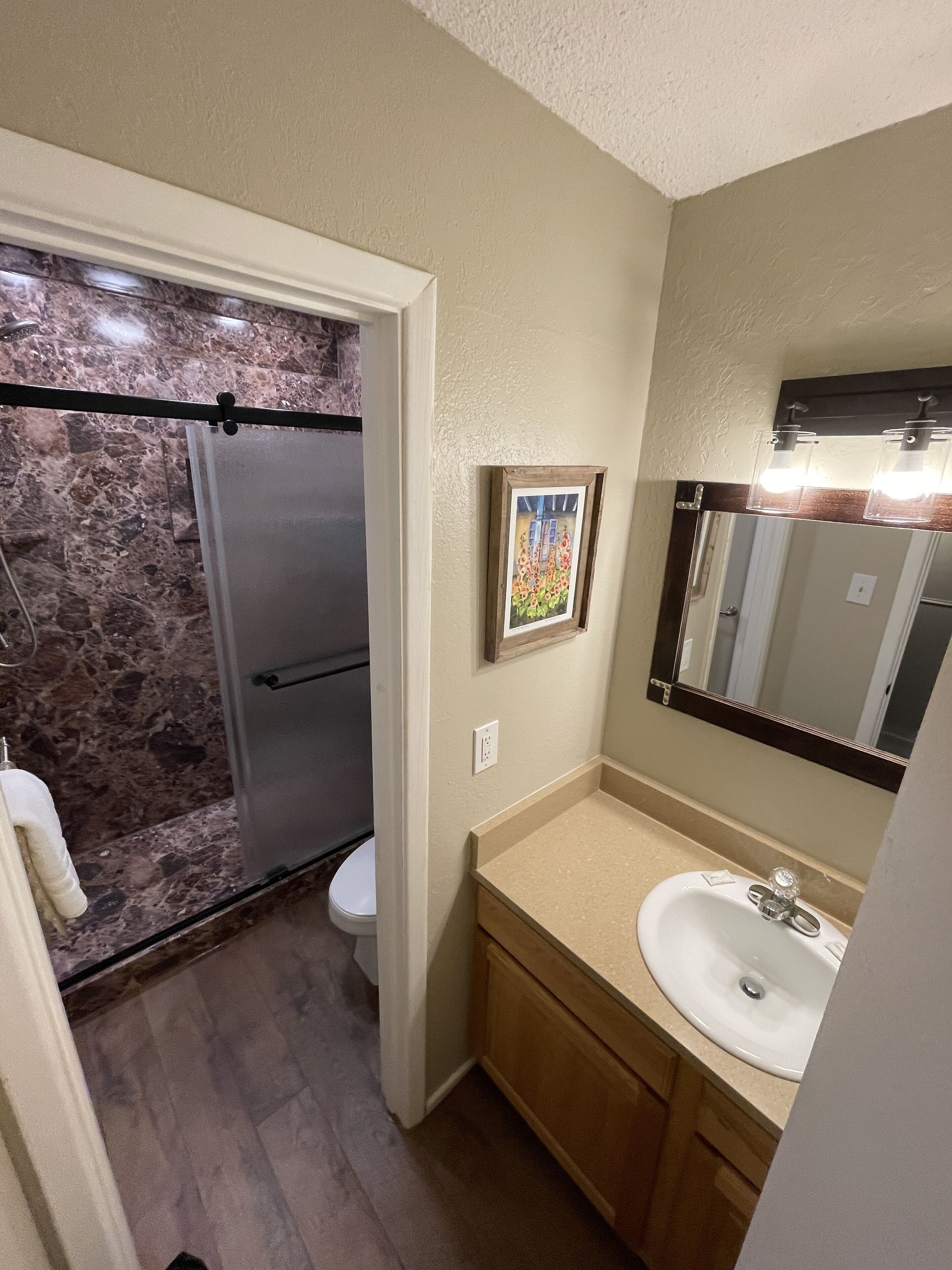 A bathroom with a shower, toilet, sink, and a framed picture on the wall.