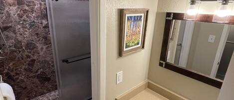 A bathroom with a shower, toilet, sink, and a framed picture on the wall.
