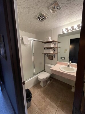 A bathroom with a glass-enclosed shower, a toilet, a sink with a mirror, and a towel rack.