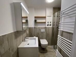 Douche, sèche-cheveux, serviettes fournies, papier toilette