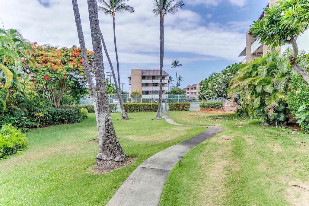 A well-maintained garden with palm trees and a pathway leading to a building.