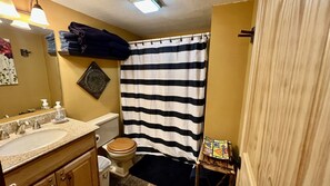 Bathtub, hair dryer, towels, soap