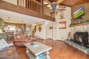 Smart TV, fireplace, books