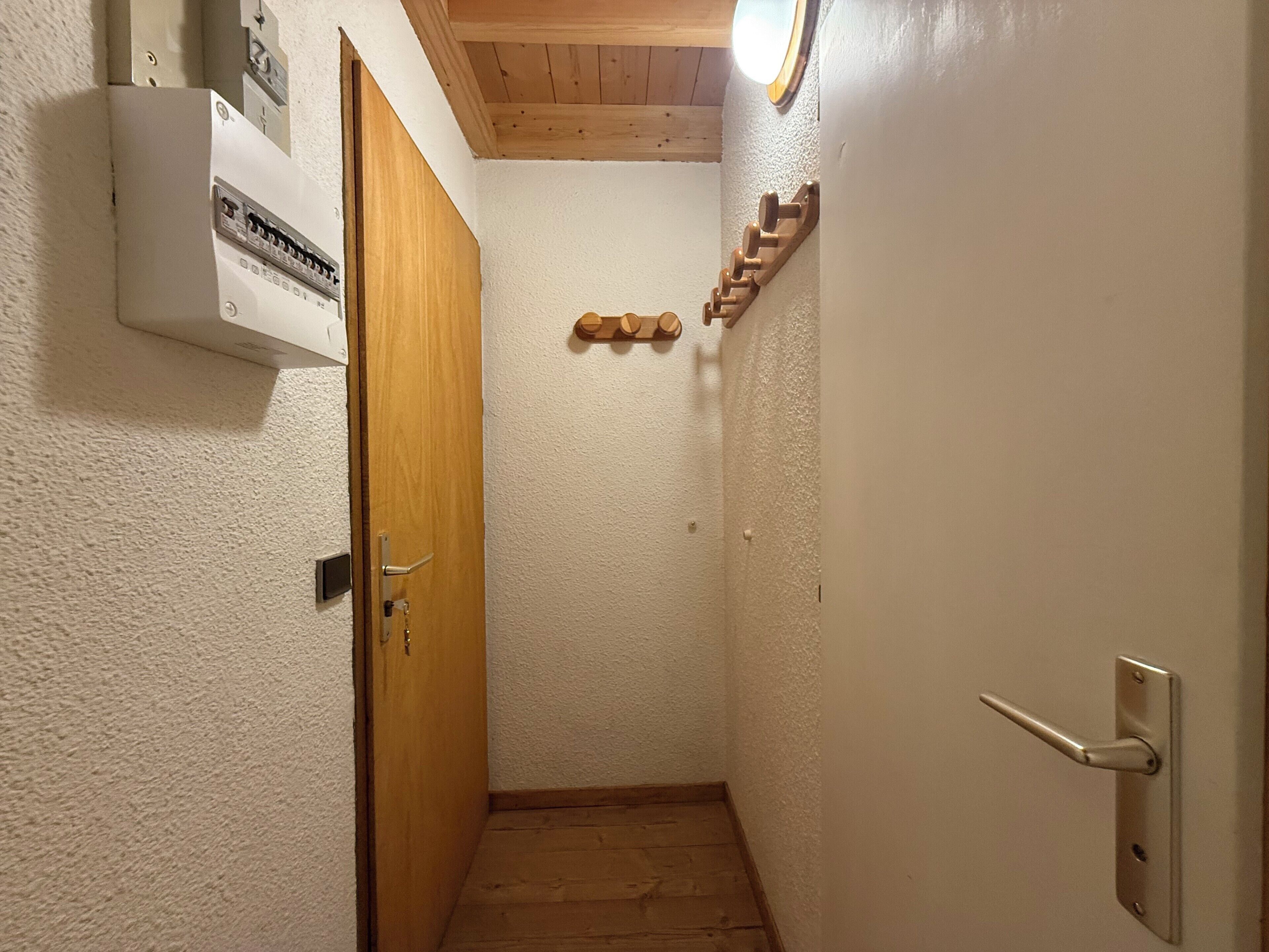 Un couloir étroit avec une porte en bois, un radiateur fixé au mur et un luminaire.