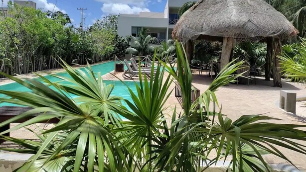 A pool area with a thatched roof structure, surrounded by palm trees and lounge chairs. - Cozy 2BR Apt, 50 meters from the beach with large pool (Progreso)
