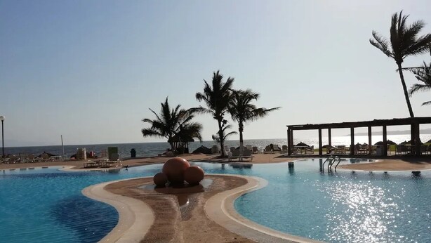 Una piscina de diseño curvo, palmeras y vista al mar.