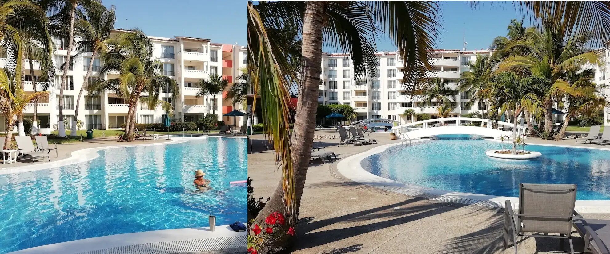 Un resort con una piscina grande, palmeras y un edificio de varios pisos con balcones.