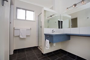 A bathroom with a shower, a sink, and a large mirror.