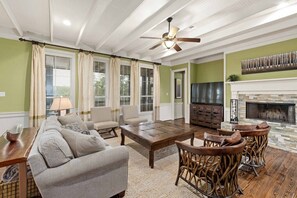 Smart TV, fireplace, books