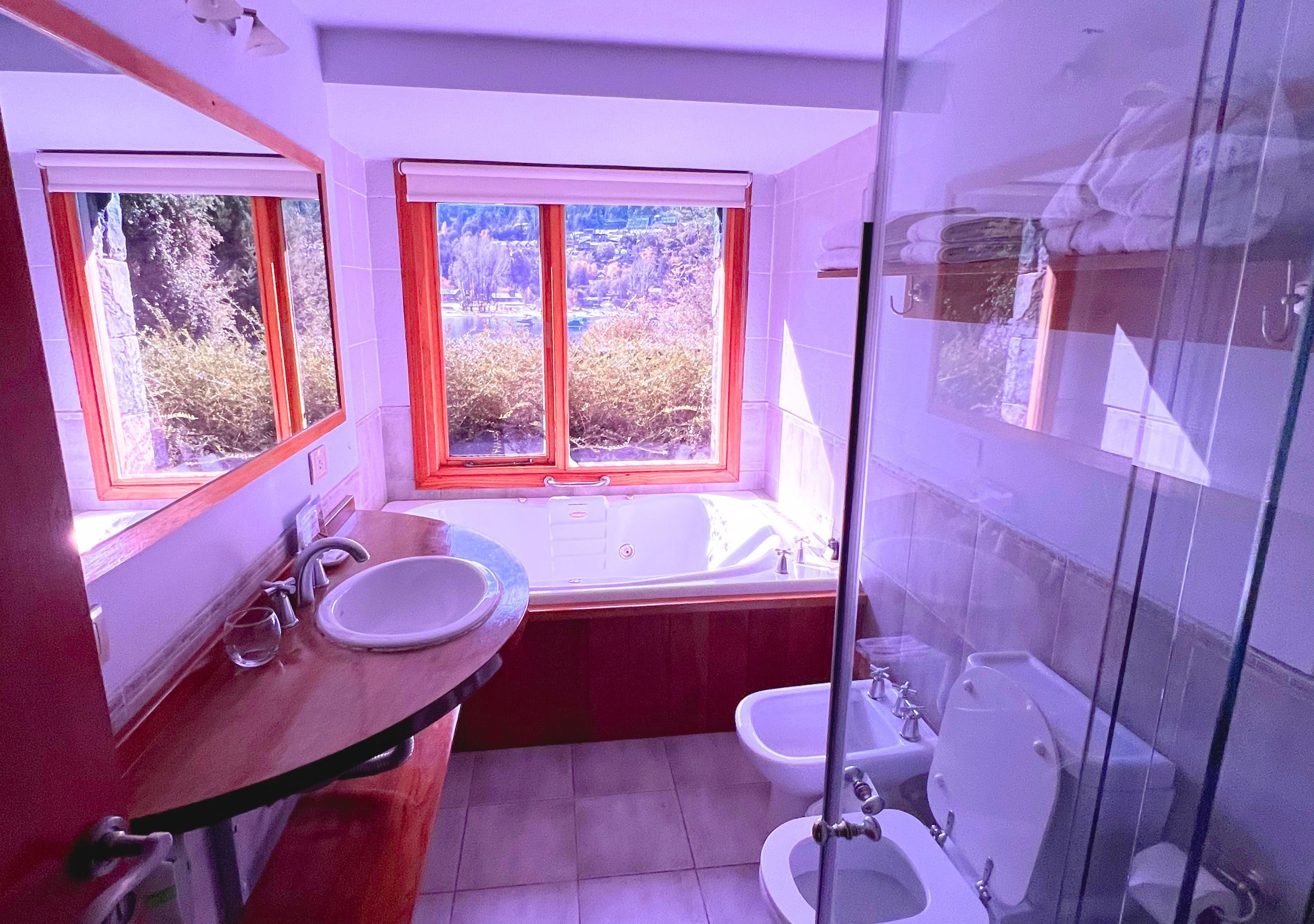 A modern bathroom with a bathtub, a toilet, and a glass-enclosed shower.