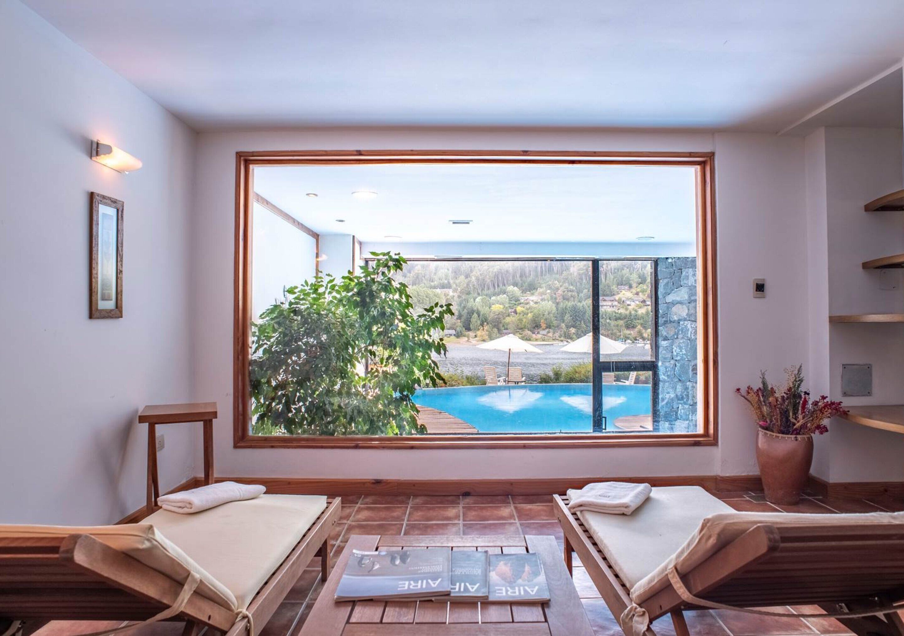 Habitación con amplia ventana que da a una piscina y follaje, muebles de madera y una planta en maceta.