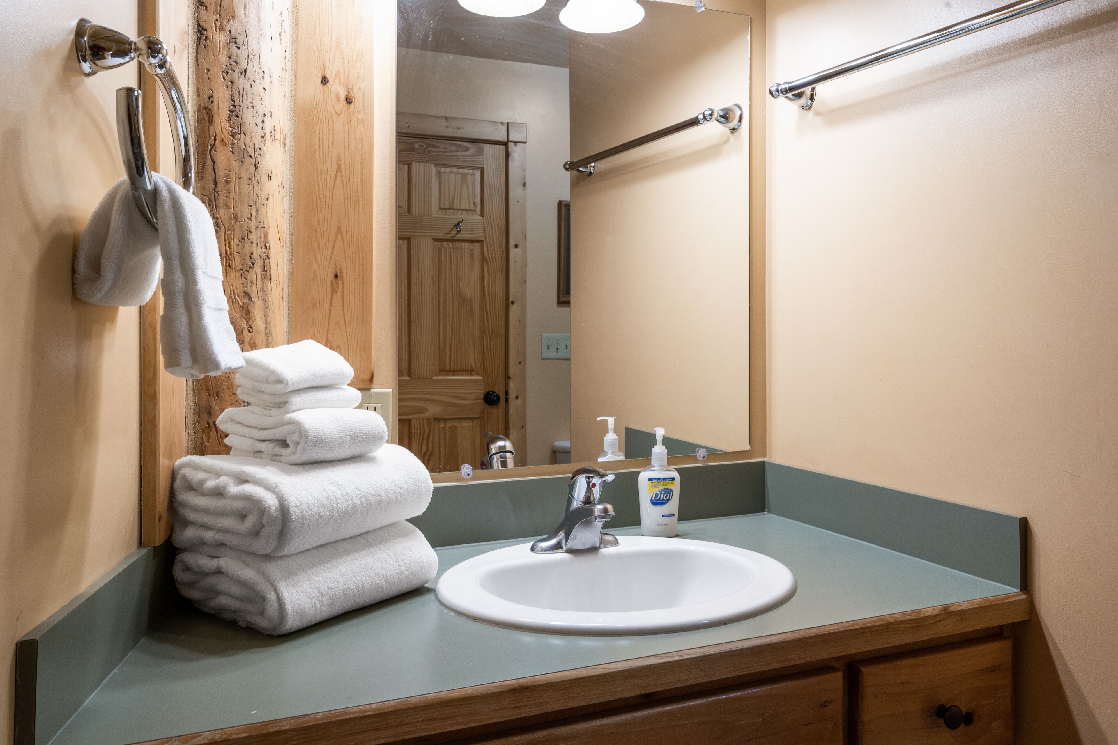 A bathroom with a sink, mirror, towel rack, and wooden door.