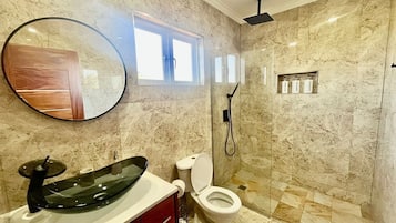 Shower, hair dryer, towels, soap