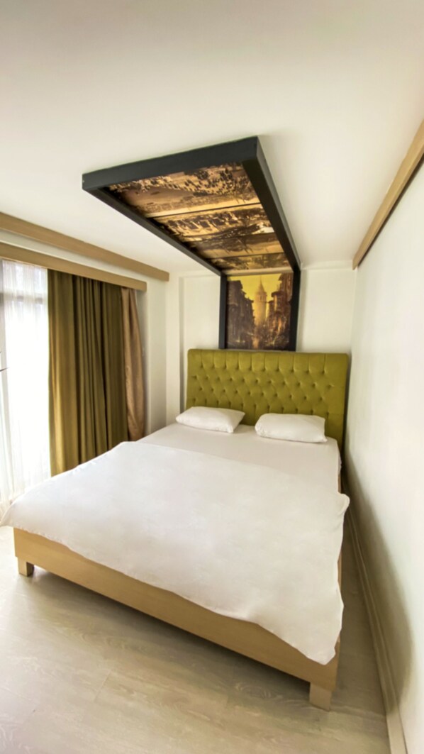 Individually decorated, desk, laptop workspace, blackout curtains