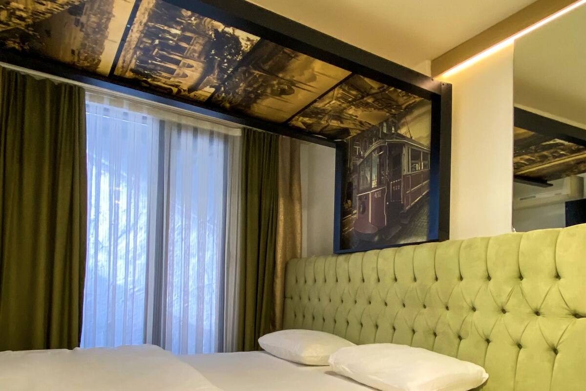 Individually decorated, desk, laptop workspace, blackout curtains