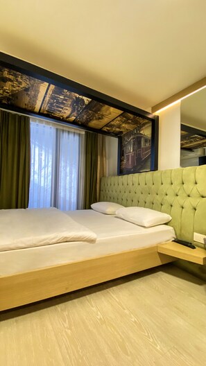 Individually decorated, desk, laptop workspace, blackout curtains