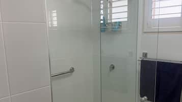 Combined shower/bathtub, hair dryer, towels, soap