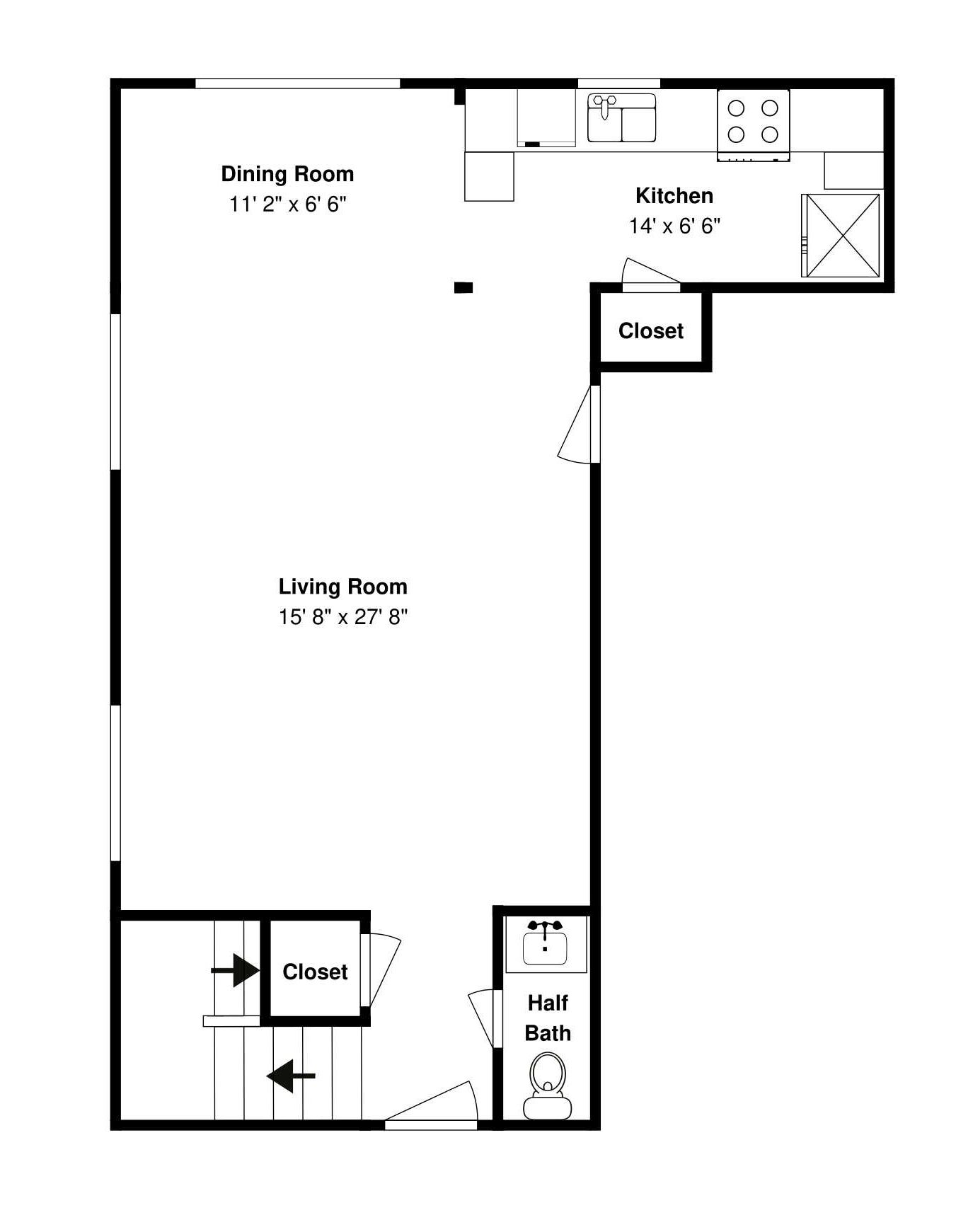 A floor plan with a dining room, kitchen, living room, closet, and half bath.