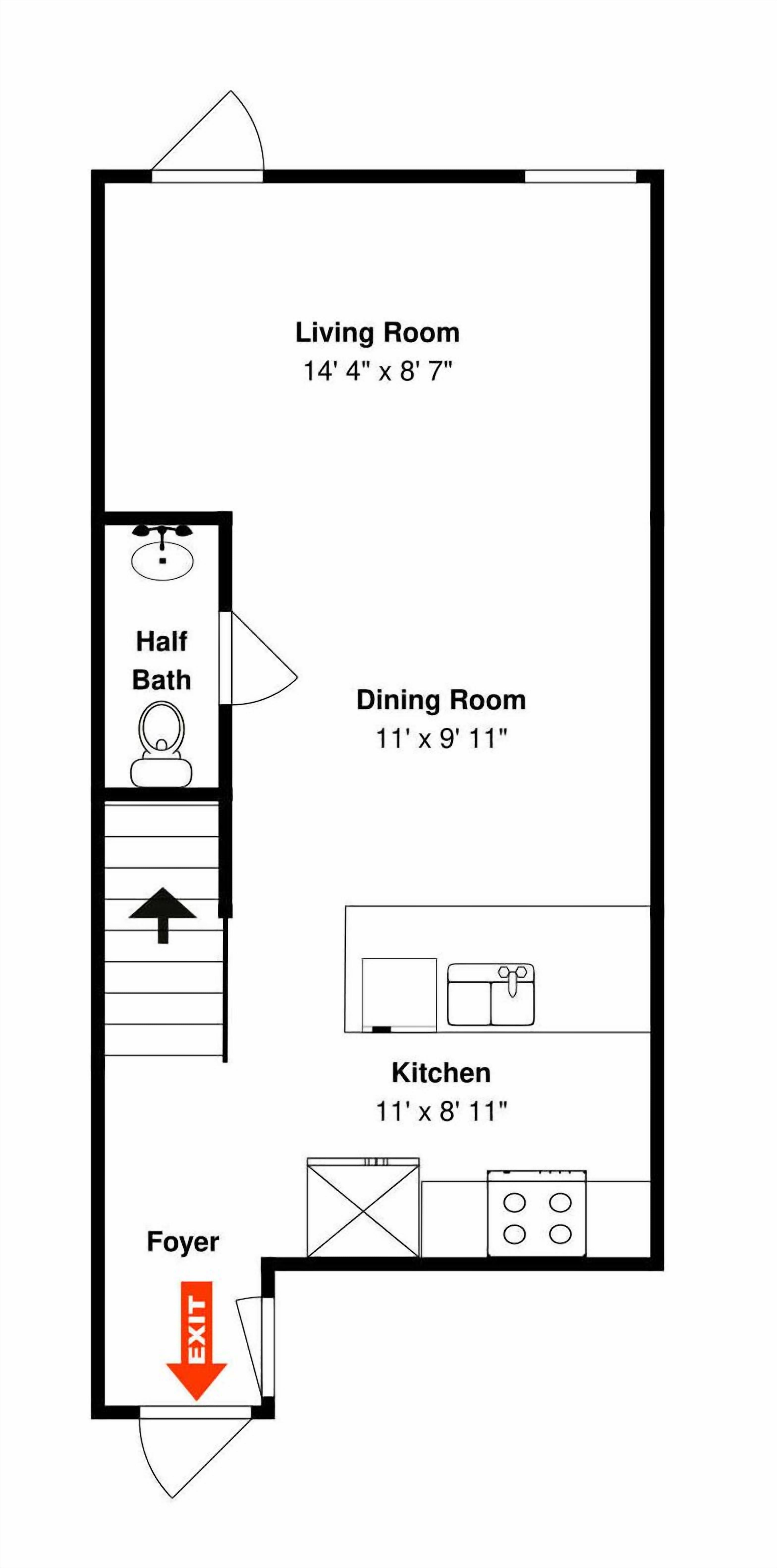 Plano de planta que muestra una sala de estar, comedor, cocina, aseo pequeño y vestíbulo.