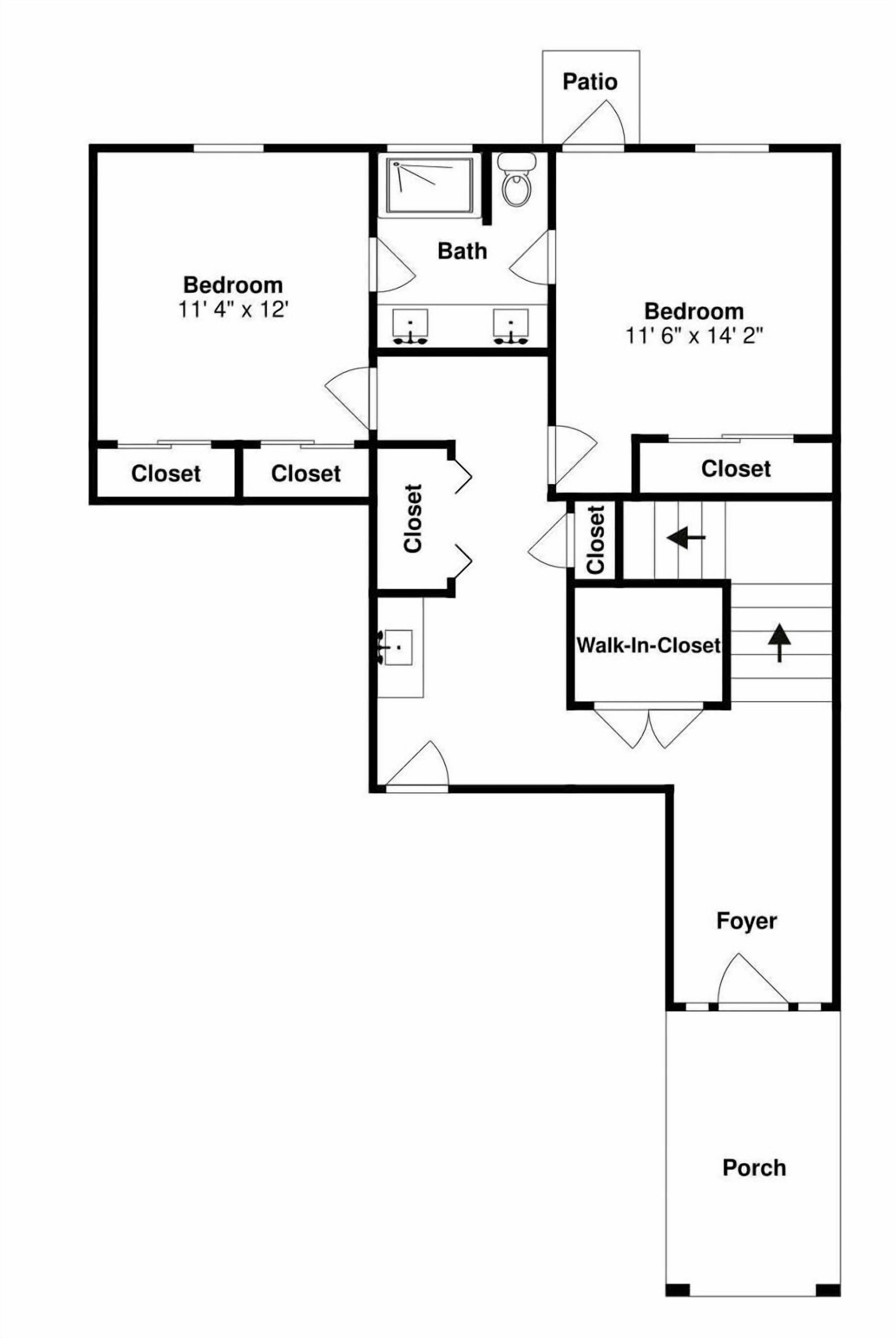 A floor plan with two bedrooms, two closets, a foyer, a patio, and a porch.