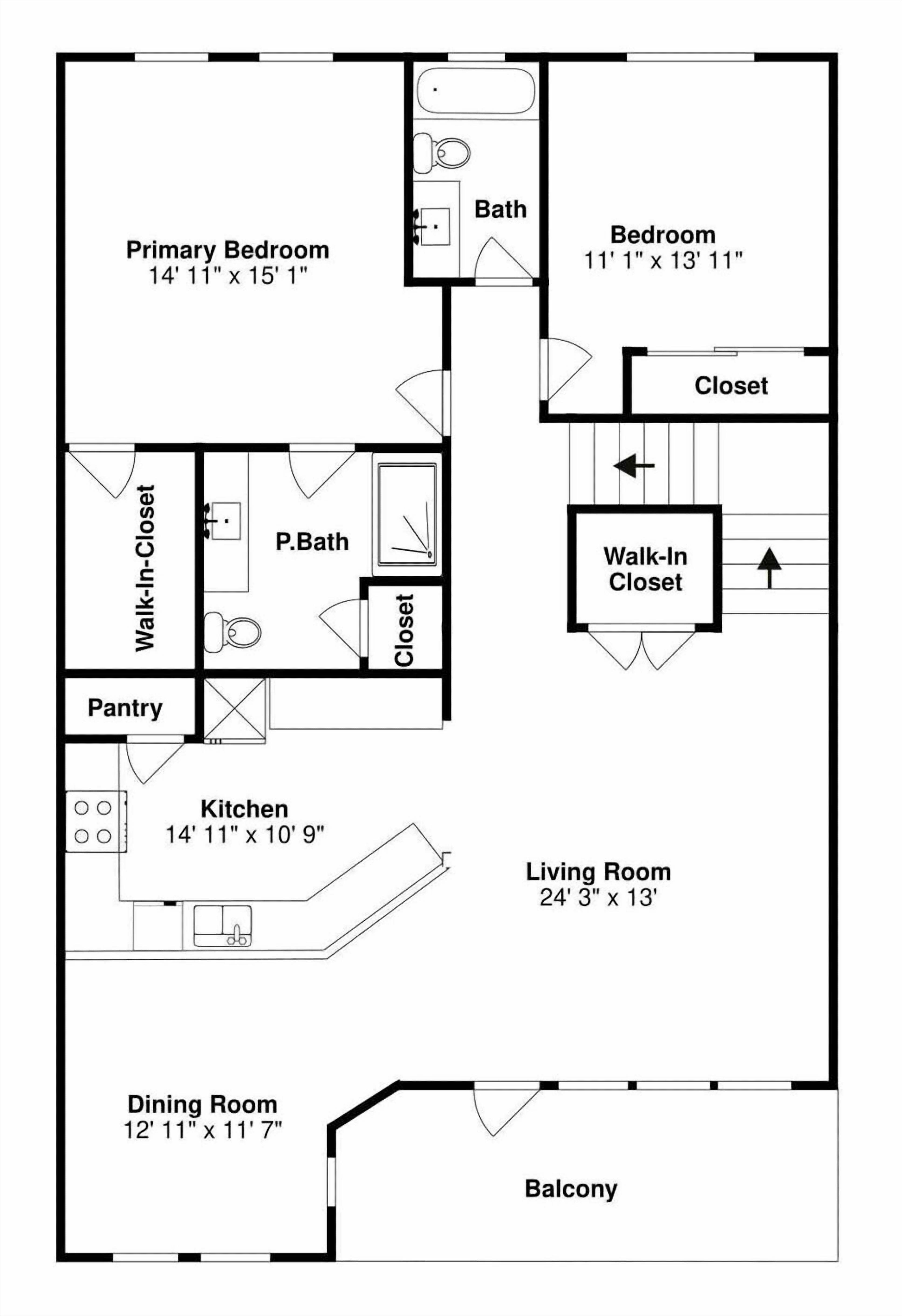A floor plan with a primary bedroom, walk-in closet, dining room, kitchen, living room, and balcony.