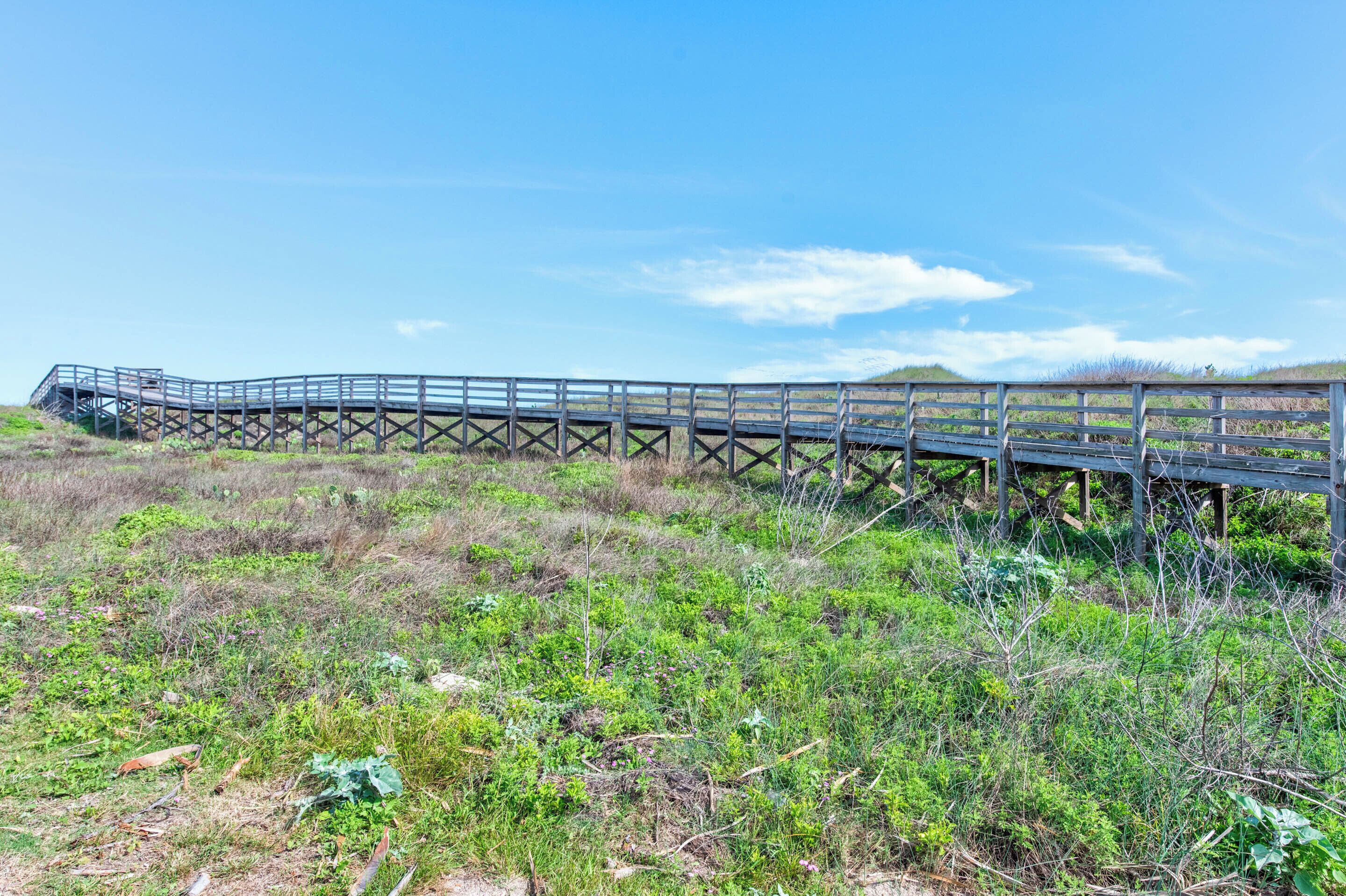 A wooden boardwalk extending across a grassy area with sparse vegetation.