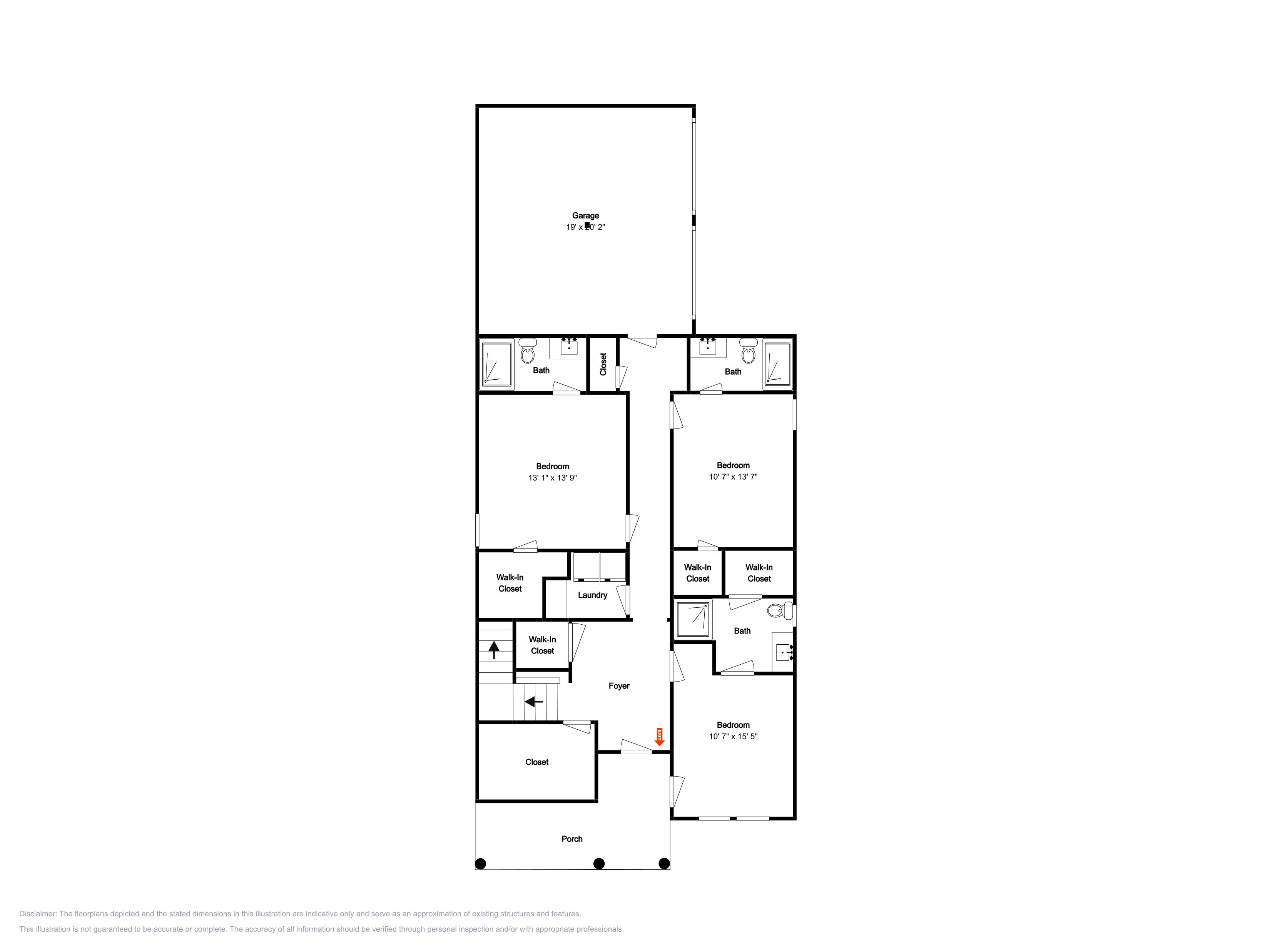 Grundriss mit Garage, zwei Schlafzimmern, begehbarem Kleiderschrank, Waschraum, Eingangsbereich und Veranda.