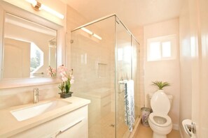 Dusche, Haartrockner, Handtücher, Seife