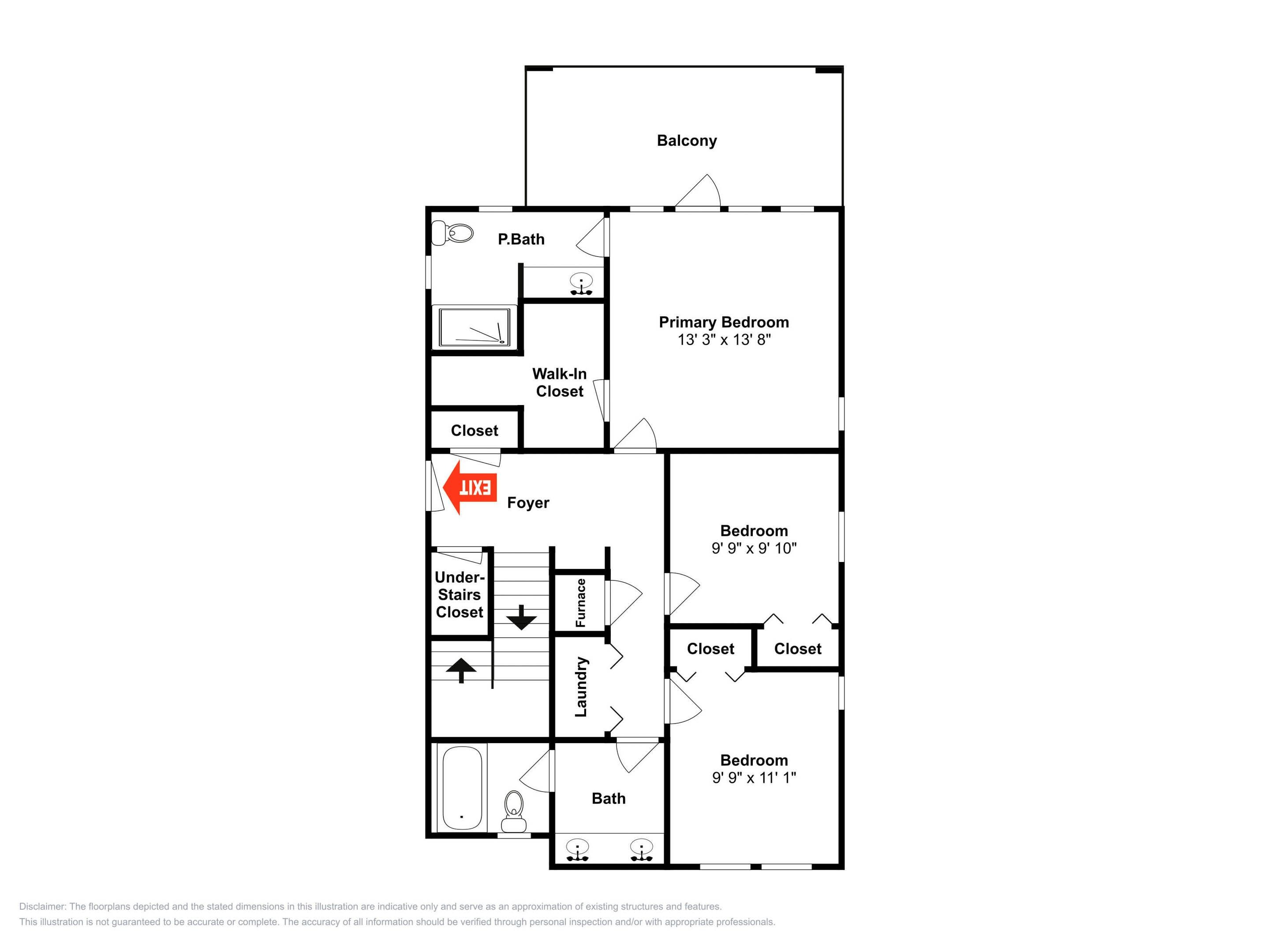 A floor plan with a balcony, primary bedroom, walk-in closet, foyers, under-stairs closet, furnace, laundry, and two bedrooms.