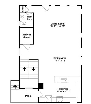 Un plan d’étage comprenant un salon, un coin repas, une cuisine, une salle de bain avec WC, un dressing et une terrasse.