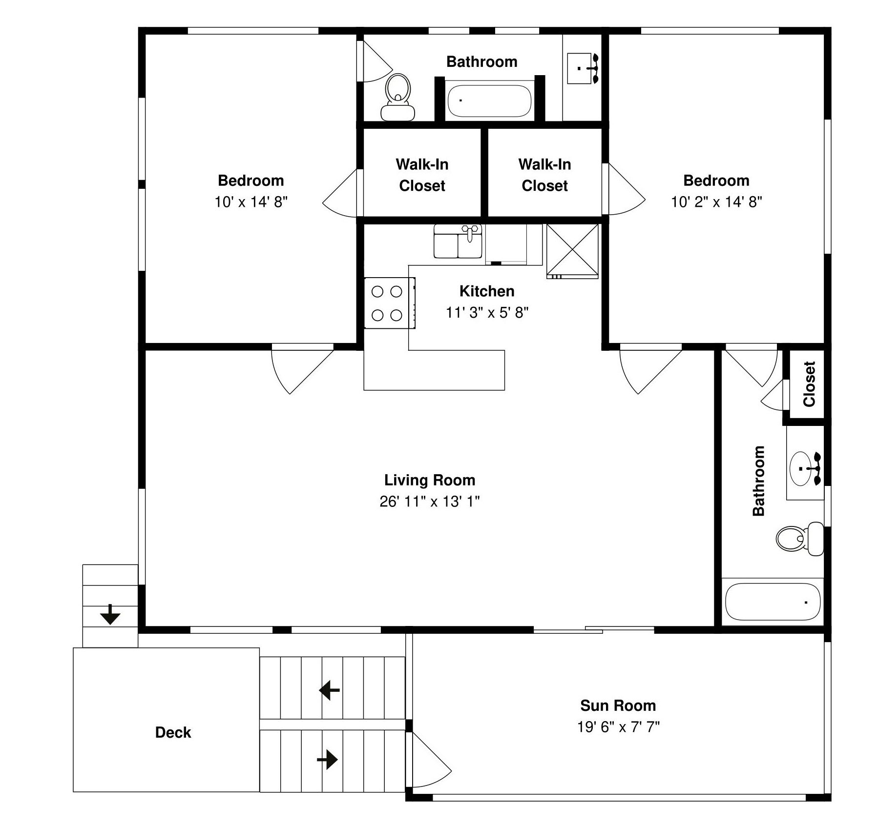 A floor plan with a living room, two bedrooms, a kitchen, a sun room, a deck, and two bathrooms.