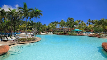 A resort pool surrounded by palm trees and lounge chairs.