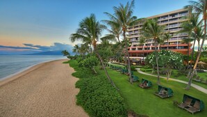 A beachfront hotel with a pool area, palm trees, and a view of the ocean.