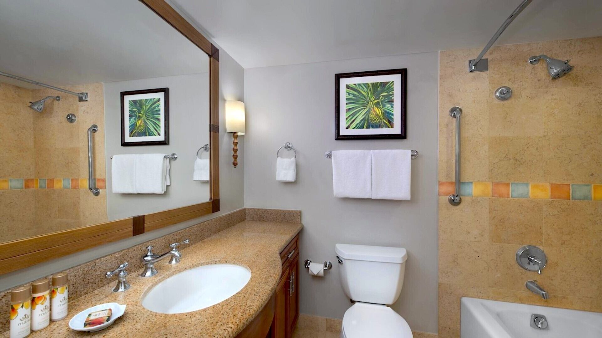 A bathroom with a sink, toilet, and bathtub, equipped with grab bars and a shower.