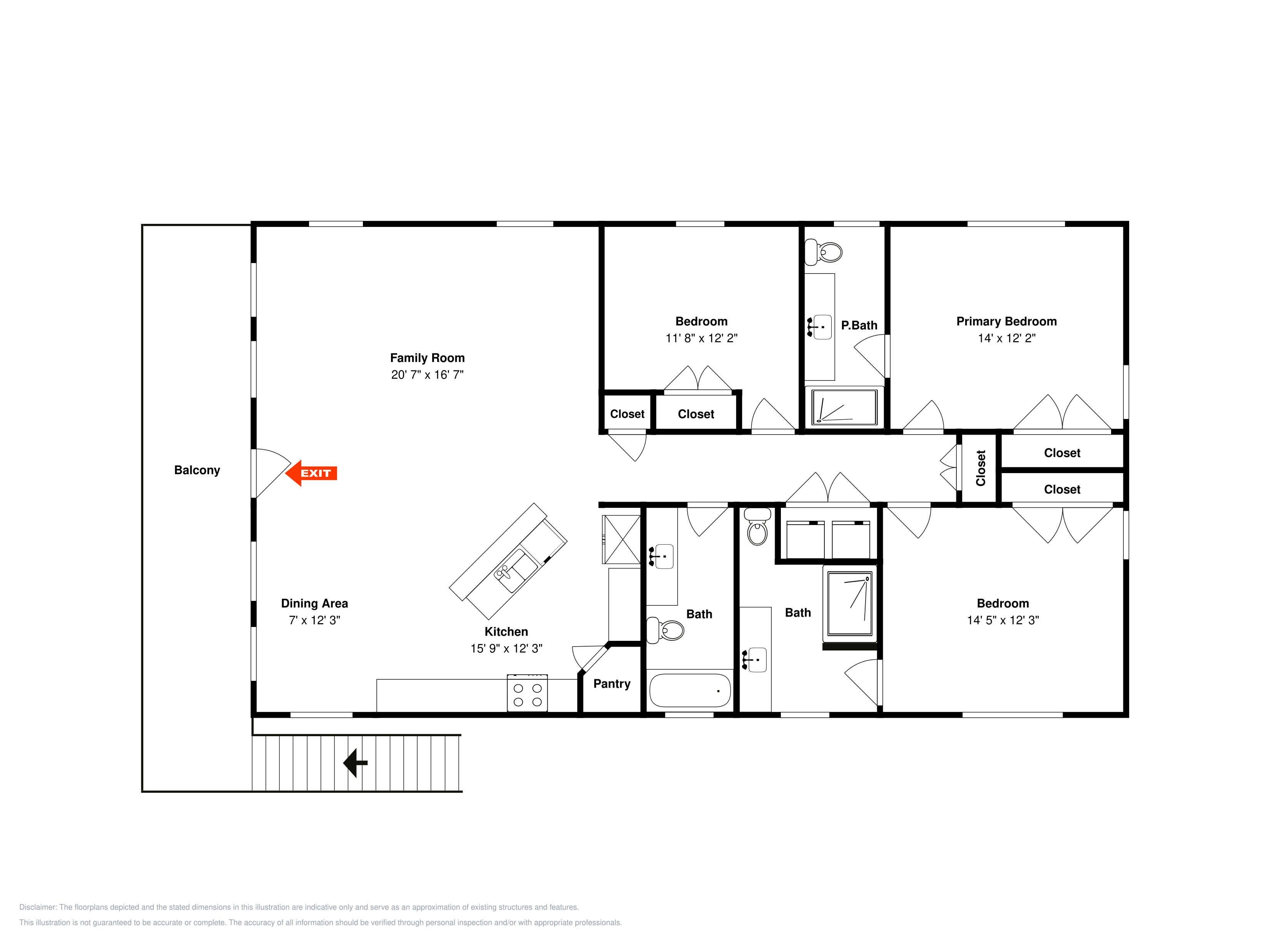 A floor plan with a family room, dining area, kitchen, and multiple bedrooms.