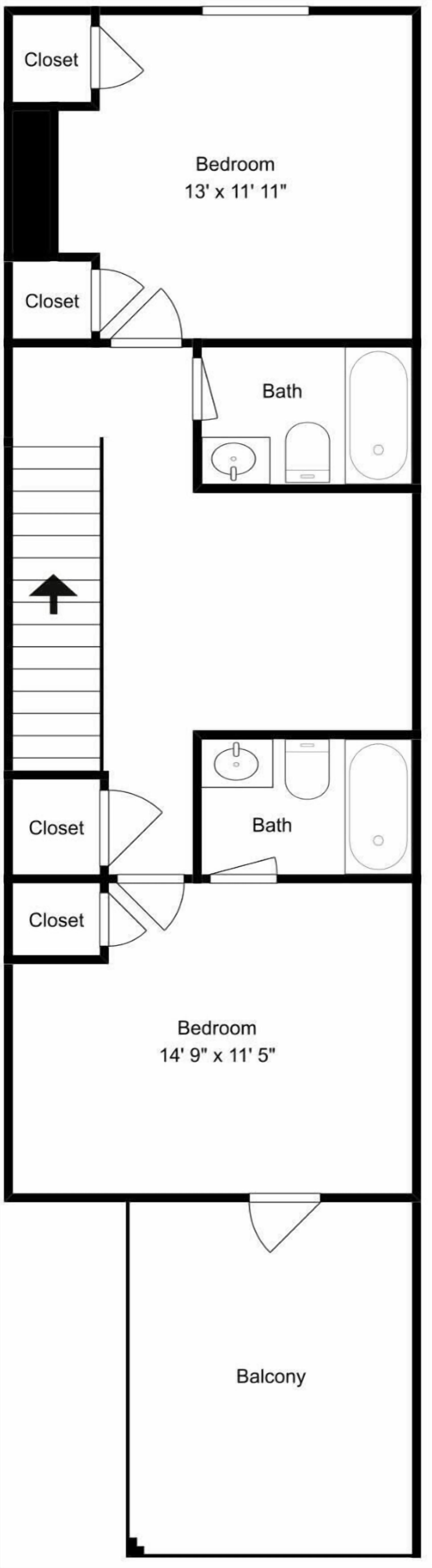A floor plan with a bedroom measuring 13' x 11' 11', a bathroom, closets, and a balcony.